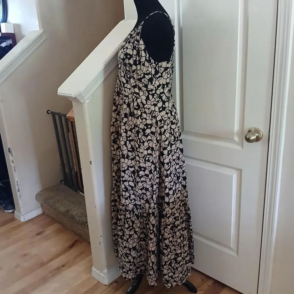 Abercrombie & Fitch Linen & Cotton Blend Black/Tan Floral Button Up Maxi Dress L